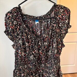 Black Floral Smocked Waist Dress with Red & Cream Blooms